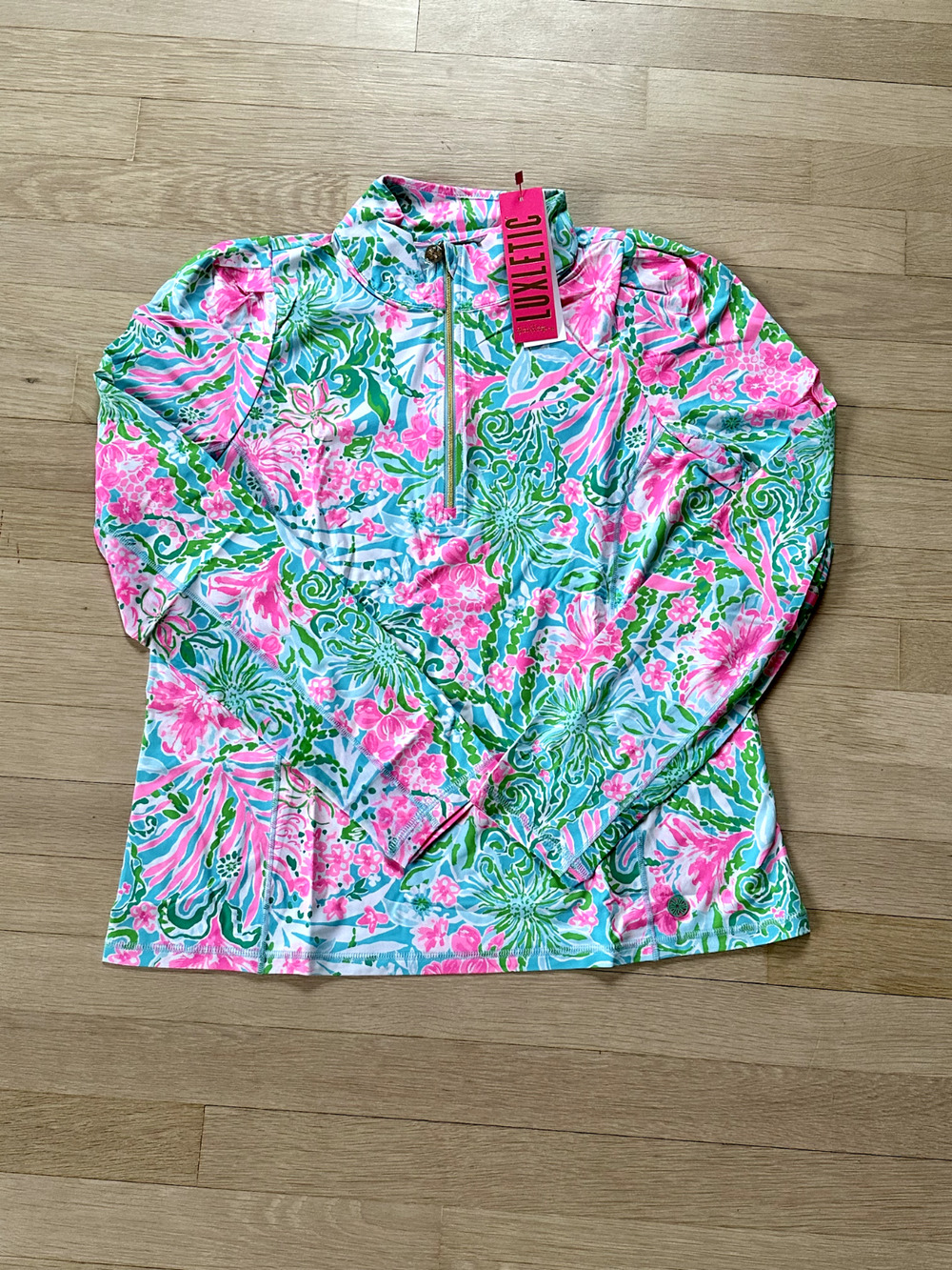 Lilly Pulitzer Luxletic Niccola Mesh Top, Amalfi Blue Leaf It Wild, Sz Lg, NWT